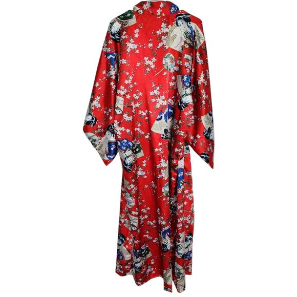 Lotus Japanese Floral Long Kimono Robe One Size Oriental Colorfull - Picture 2 of 7
